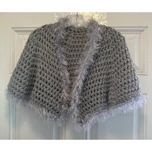 Handmade Women Chunky Crocheted Shrug Faux Fur Trim Grey One Size